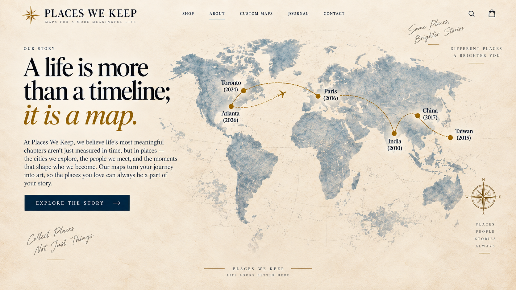 Places We Keep life journey world map connecting India, Taiwan, Paris, China, Toronto and Atlanta