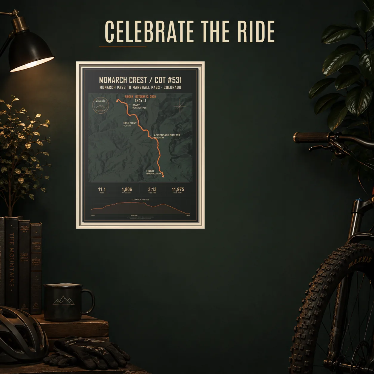 Monarch Crest personalized trail map displayed as finished wall art